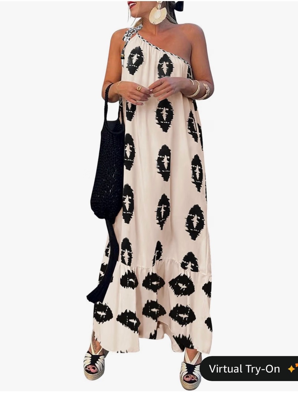 One-Shoulder Cream Maxi Dress with Black Graphic Print